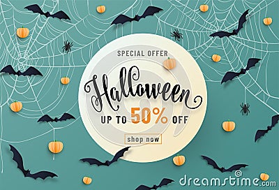 Halloween sale banner, party invitation concept background. Holiday design with bats, spider, cobweb, pumpkin, lettering Vector Illustration