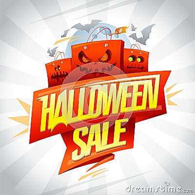Halloween sale banner template with red angry shopper bags Vector Illustration