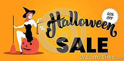 Halloween sale colorful vector banner template with attractive young witch, sitting on a pumpkin. Vector Illustration
