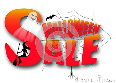 Halloween sale decoration isolated on white background with spider web and ghost, young witch and bat. Vector Vector Illustration