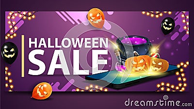 Halloween sale, modern purple banner for web site with ballons, garland and smartphone Vector Illustration