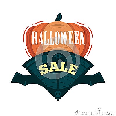 Halloween Sale offer design template. Vector illustration with flying title and pumpkin. Isolated illustration. Cartoon Illustration