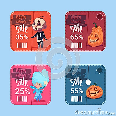 Halloween Sale Posters Set Holiday Seasonal Discount Icons Collection Concept Vector Illustration