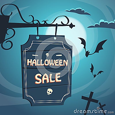 Halloween Sale Promotional Sign Board Cemetery Vector Illustration