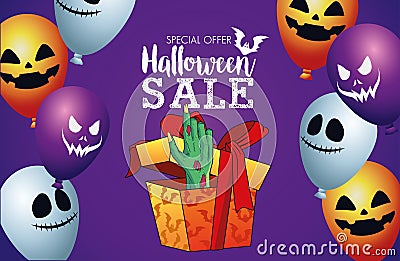 Halloween sale seasonal poster with death hand coming out of gift and balloons helium Vector Illustration