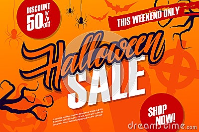 Halloween Sale special offer banner with hand drawn lettering for seasonal shopping. This weekend discount up to 50% off. Vector Illustration