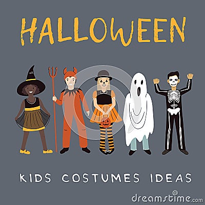 Halloween sale square template with cute cartoon kids costume ideas for parents. Witch, devil, pumkin, ghost, skelleton. Vector Illustration