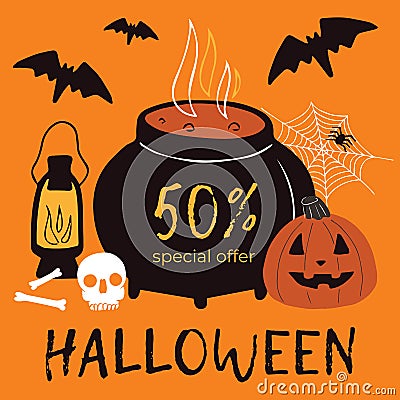 Halloween sale square template with cute cartoon pumpkin skull, bones, bats, cobweb, spider and cauldron of potion. Vector Illustration
