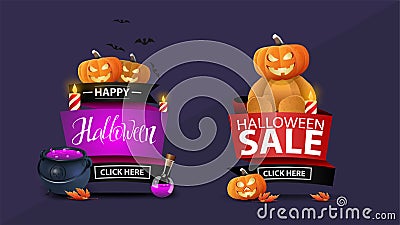 Halloween sale, two discount banners in the form of ribbons with pumpkin Jack, cauldron of potion, maple leafs. Vector Illustration
