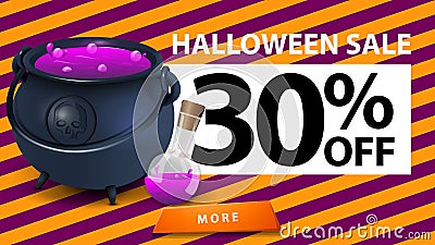 Halloween sale, up to 30% off, discount banner with halloween texture, witch`s cauldron with potion Vector Illustration