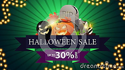 Halloween sale, up to 30% off, modern discount banner in the form of ribbon with Halloween ballons, tombstone and pumpkin Jack Vector Illustration