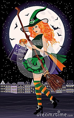 Halloween sale. Urban redhair witch with shopping bags Vector Illustration