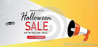 Halloween sale vector banner template with background. Special offers, discounts, deals, seasonal clearance advertisement and Cartoon Illustration