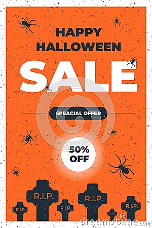 Halloween Sale vector flyer illustration with graves and tombs and raven on cemetery on orange background. Holiday design for Vector Illustration