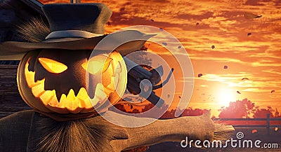 Halloween scarecrow with carved pumpkin head, autumn background Stock Photo