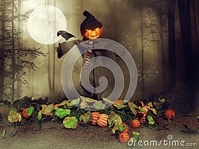 Halloween scarecrow and raven Stock Photo