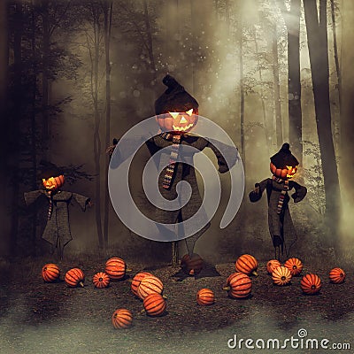 Scarecrows in a pumpkin field Stock Photo