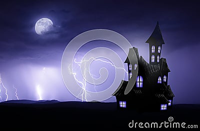 Halloween scary backgorund with haunted house and lightnings Stock Photo