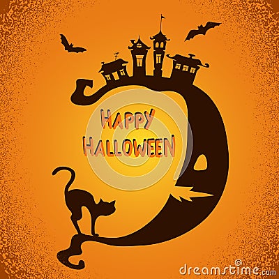 Halloween scary background with moon, black cat and bats silhouettes. Vector Illustration