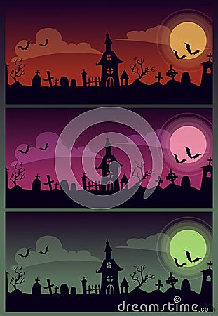 Halloween scary cartoon illustrations set. Creepy old graveyard landscape. Vector Illustration