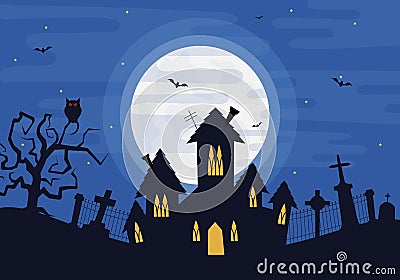 halloween scary dark house on cemetery house Vector Illustration