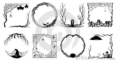 Halloween scary frames from bones, spiderweb, pumpkins and tree. Bats border, creepy horror mystical witch hat and Vector Illustration