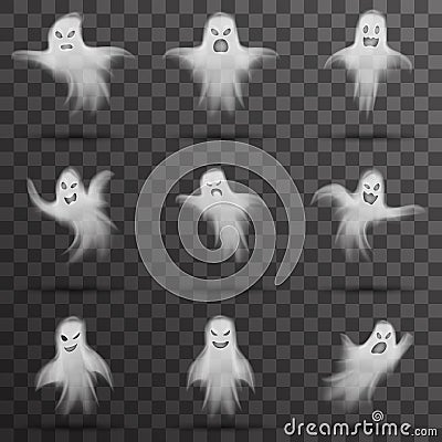 Halloween white scary ghost isolated template transparent night background vector illustration Vector Illustration