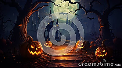 Halloween scary pumpkin in autumn forest one pumpkin background Stock Photo