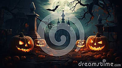 Halloween scary pumpkin candles and dry leaves halloween background Stock Photo