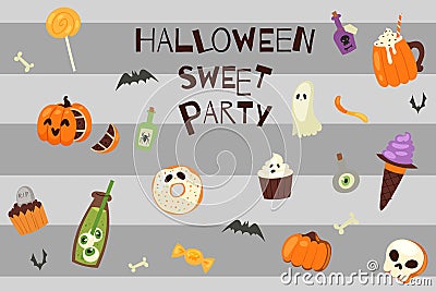 Halloween scary sweets party vector illustration. Lollipop candy, skull cake, pumpkin with jelly eyes, donut chocolate Vector Illustration