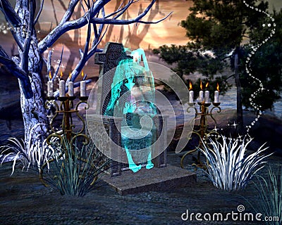 Halloween scary witch ghost sitting in a stone chair holding a glass sphere with haunted forest landscape Stock Photo