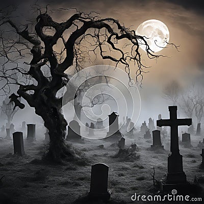 Halloween scene featuring a full moon casting an eerie glow Stock Photo