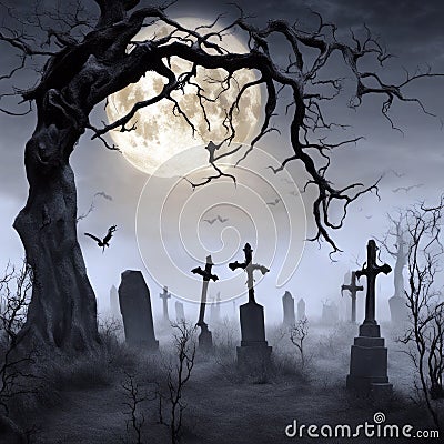 Halloween scene featuring a full moon casting an eerie glow Stock Photo