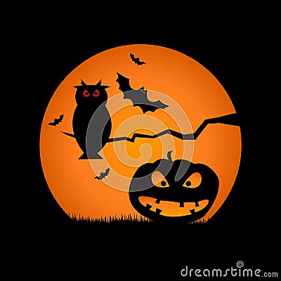 Halloween scene. Illustration of a grunge Halloween frame with pumpkins, bats and owl Stock Photo