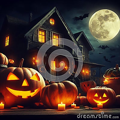 Halloween Scene - Party Of Pumpkins And Zombies In wood forest At Moonlight - ai generated Stock Photo