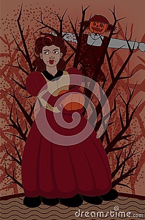 Halloween scene: vector illustration with a woman and a scarecrow Vector Illustration