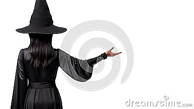 Halloween sorceress backwards with hand raised, white background. Generative AI Stock Photo