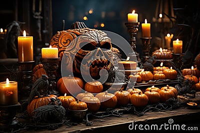 Halloween scull and pumpkins Cartoon Illustration