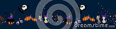 Halloween seamless border pattern, background design with witch craft icons broom, cauldron, spiders Vector Illustration