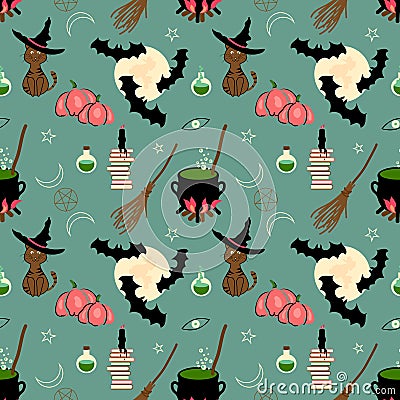 Halloween seamless pattern, background design with witch craft icons broom, cauldron, magic books, potions, pumpkins. candle Vector Illustration