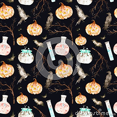 This halloween seamless pattern on a black background included magic cauldron,potion bottles,bats,ravens,branches and pumpkin. Stock Photo