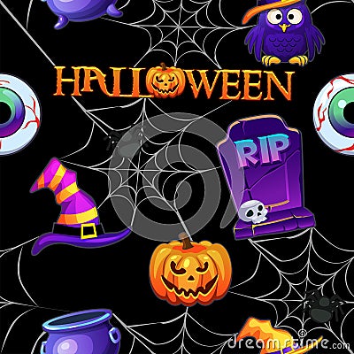 Halloween seamless pattern, black scary background with spiders. Vector Illustration