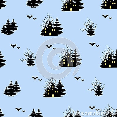 Halloween seamless pattern. Black silhouettes of a forest and a haunted house. Endless texture for fabric, tile, wrapping paper, Vector Illustration