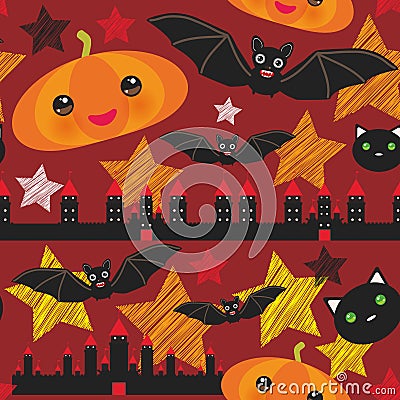 Halloween seamless pattern With Castle Pumpkin, stars, bats, night sky, Black yellow orange red burgundy. Vector Vector Illustration