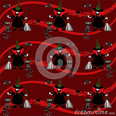 Halloween seamless pattern with cat, witch, crow, spider and Happy Halloween - vector Vector Illustration