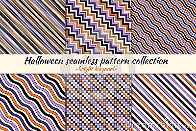 Halloween seamless pattern collection. Holiday backgrounds set. Print kit in traditional colors. Vector digital paper Vector Illustration