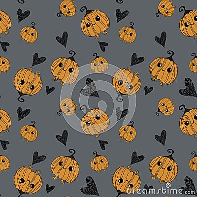 Halloween seamless pattern with cute orange little pumpkins on grey background Stock Photo