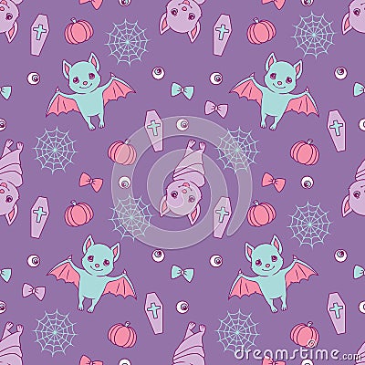 Halloween seamless pattern with cute violet and blue cartoon bats, spiderwebs, ribbons, pumpkins and eyeballs on purple background Stock Photo