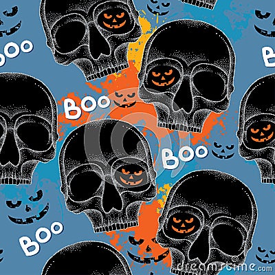 Halloween seamless pattern with dotted skulls in black and colorful blots Vector Illustration