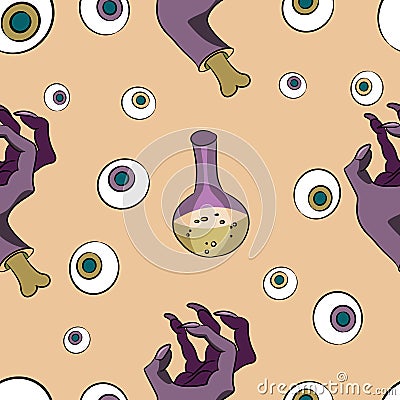 Halloween seamless pattern with eyes and vials with potion. Vector Illustration